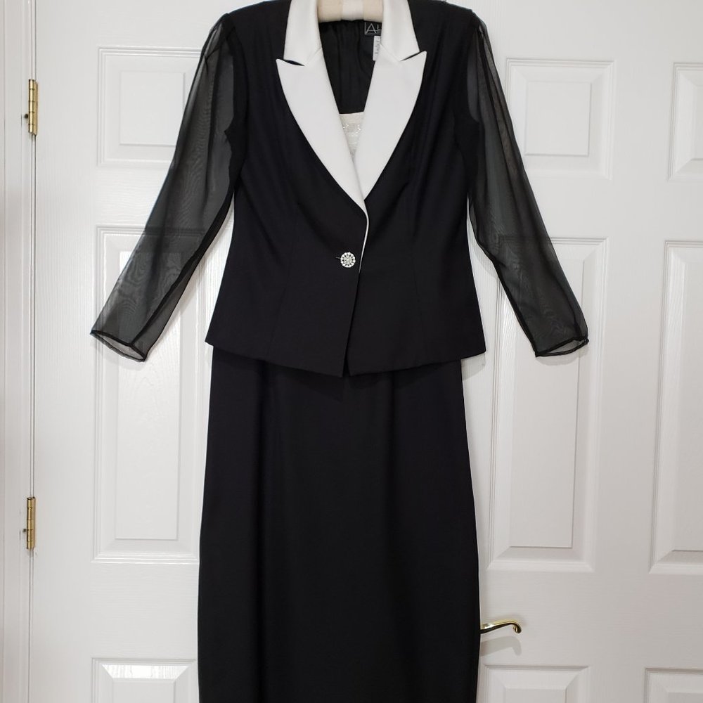 Alex Evenings Long 2-pc Evening Suit Black White Sequin Bodice 12